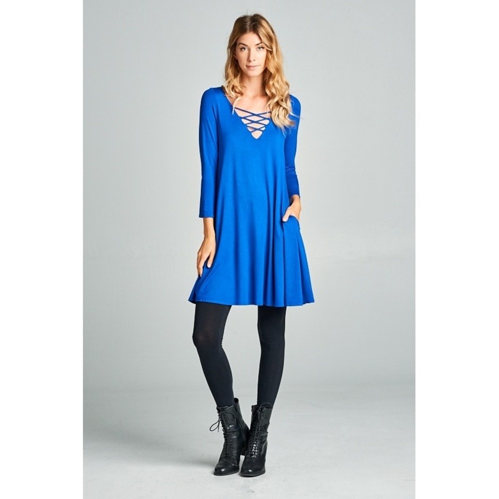 Cobalt Blue Rayon Blend Lattice Neck 3/4 Sleeve Swing Tunic Dress with Pockets